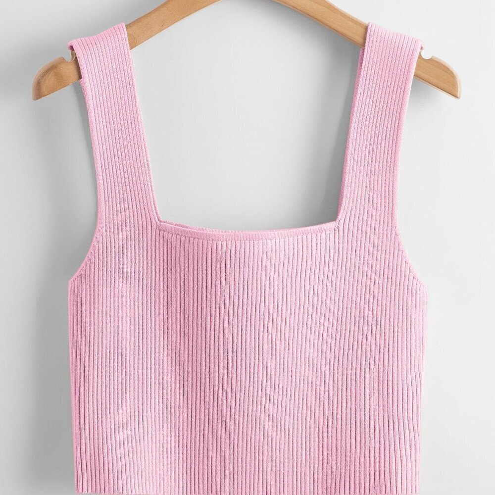Baby Pink Casual Women's Solid Ribbed Knit Top